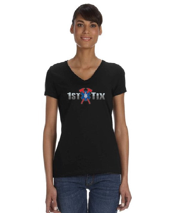 Women's 1st Tix Logo, Black V-Neck Shirt