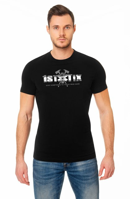 1st Tix Black Short Sleeve WHITE Line Shirt with FLAG on Back