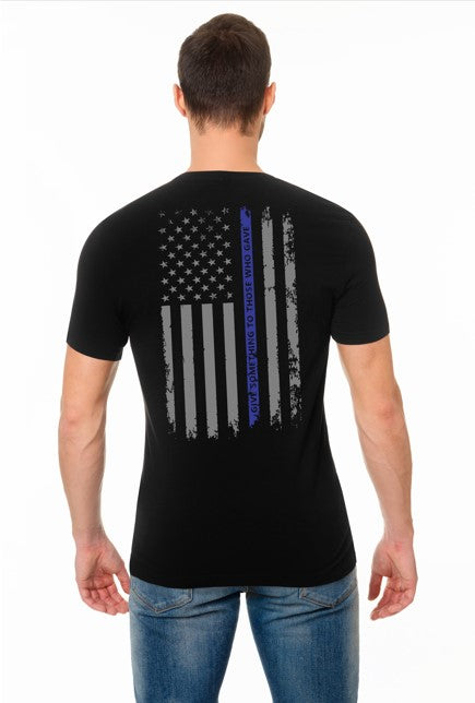 1st Tix Black Short Sleeve BLUE Line Shirt with FLAG on Back