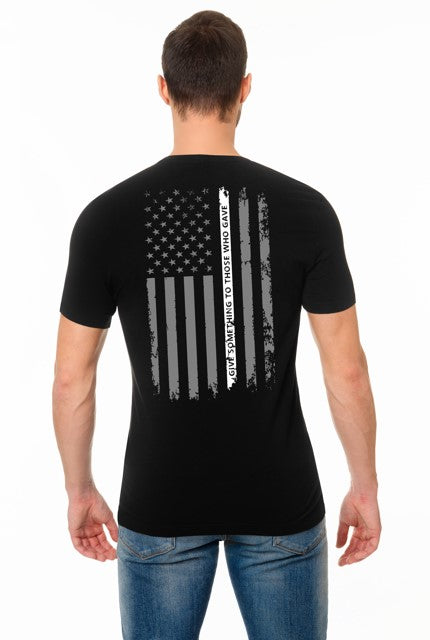 1st Tix Black Short Sleeve WHITE Line Shirt with FLAG on Back